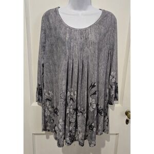 Timeson Floral Print Tunic Top Pleated 3/4 Sleeve Blouse Lined Blue Medium XXL